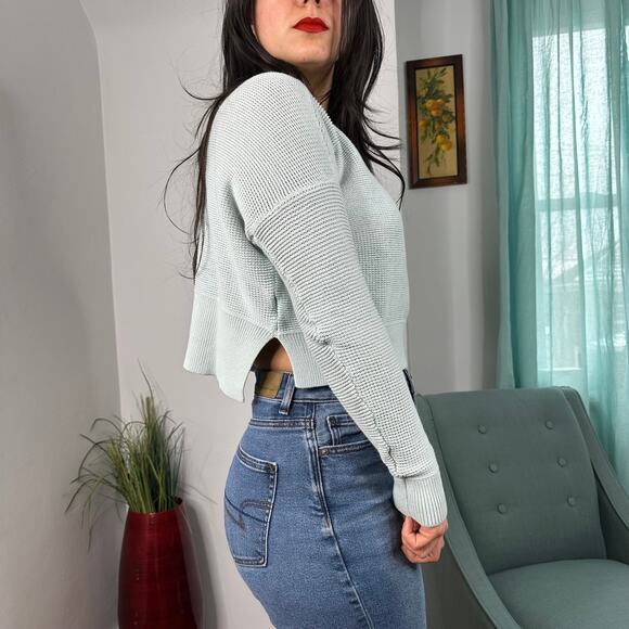 LOFT Light Blue Cropped Boat Neck Open Knit 100% Cotton Sweater - Picture 3 of 8